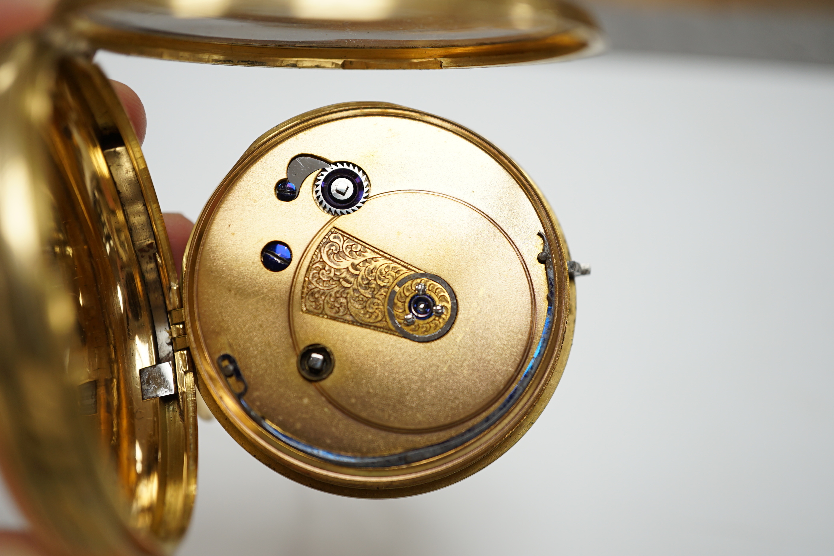 A Victorian 18ct. gold open face keywind pocket watch, with yellow dial and subsidiary seconds, case diameter 54mm, gross weight 126.6 grams.